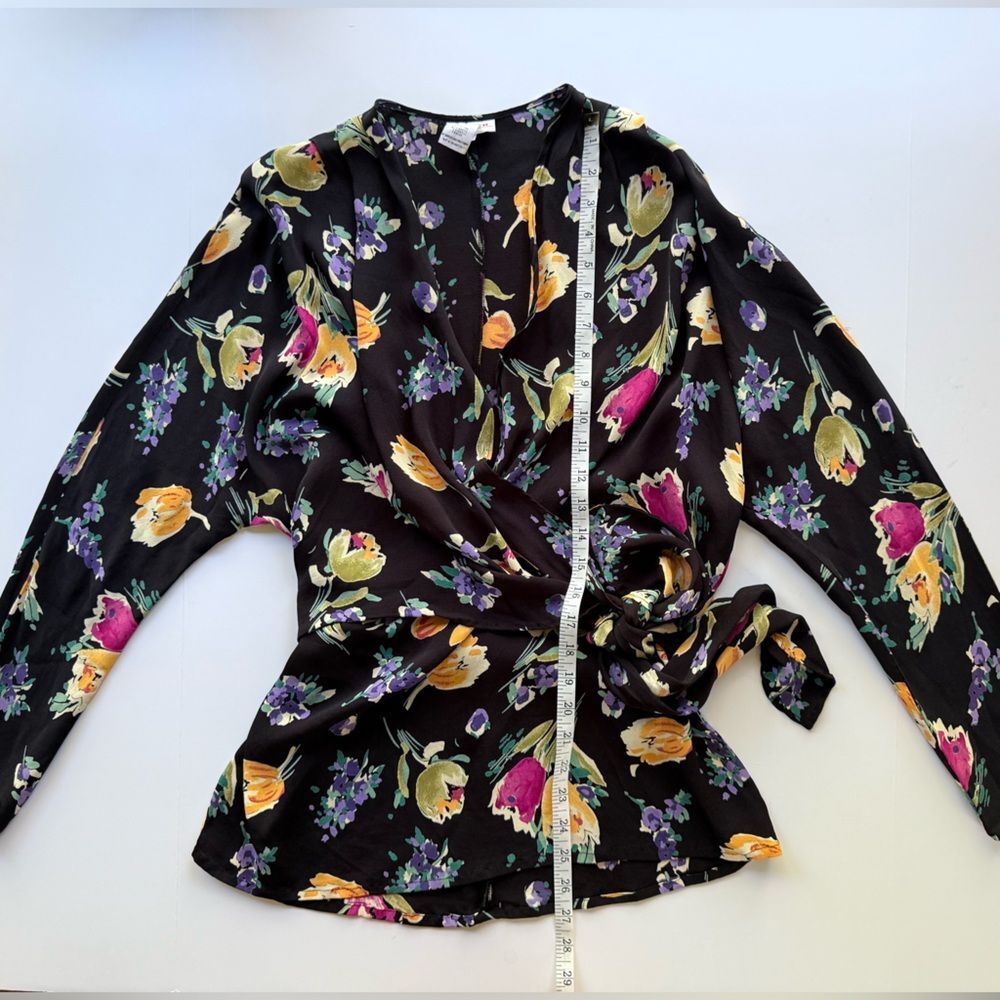 Vintage Rodier Floral Wrap Long Sleeve Black Multicolor Print Top 46 FR US L - Picture 12 of 13